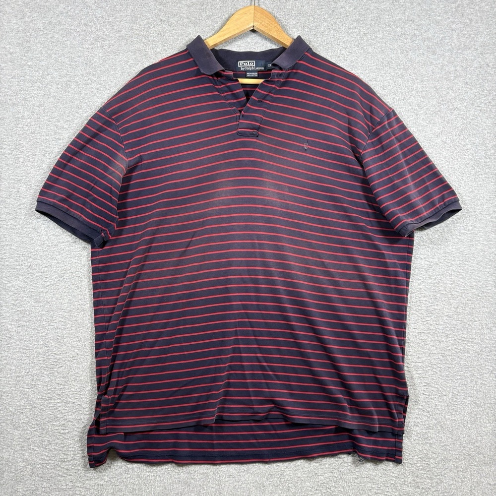 VTG 90s Polo Ralph Lauren Striped Polo Shirt Mens XL Navy Red Hong Kong Cotton